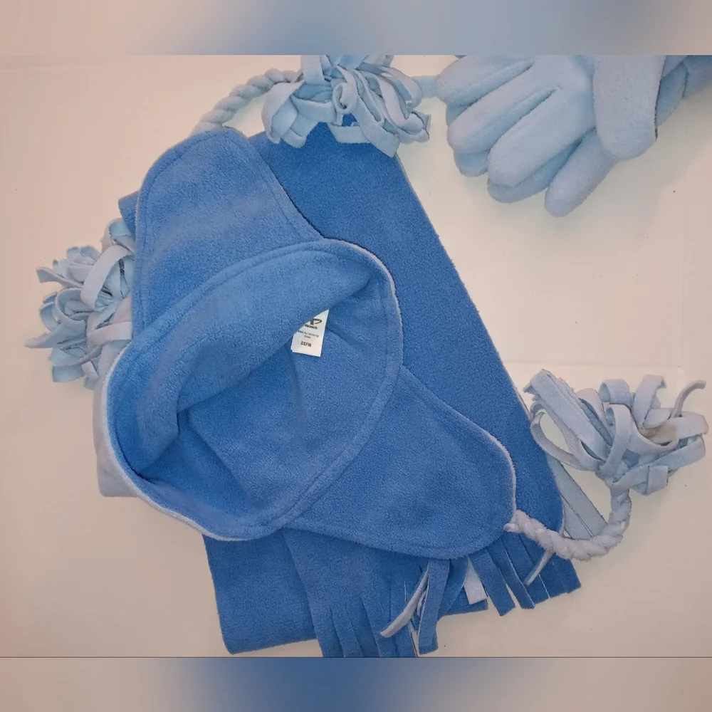 Kids Blue Fleece Winter Hat, Scarf, and Gloves Set Two Tone Light Dark